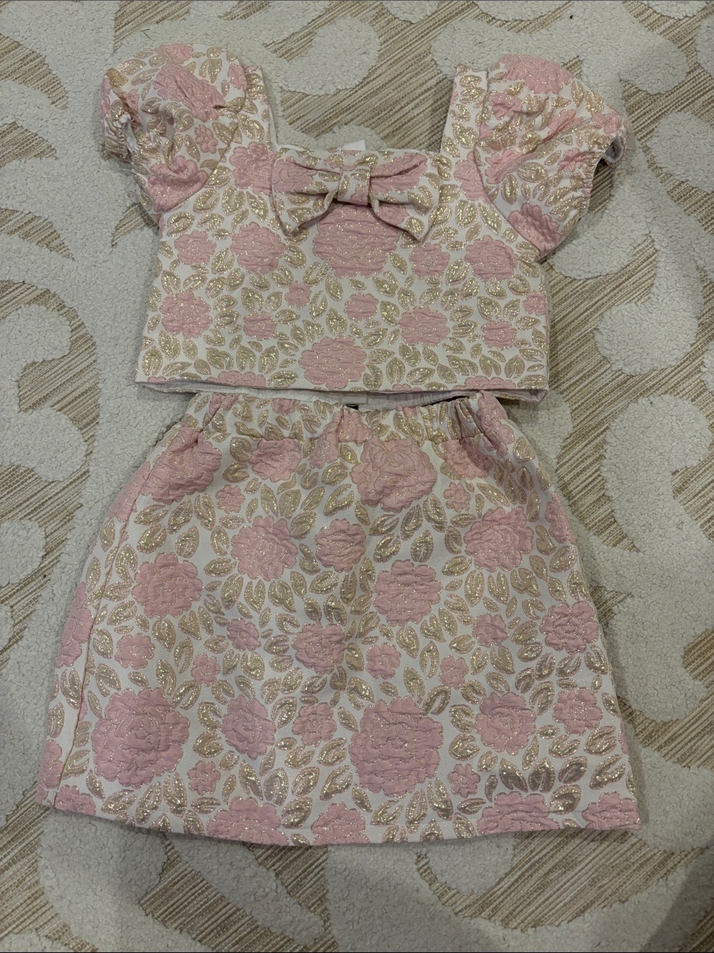 Girls Pink Floral Bow Two-Piece Dress Set